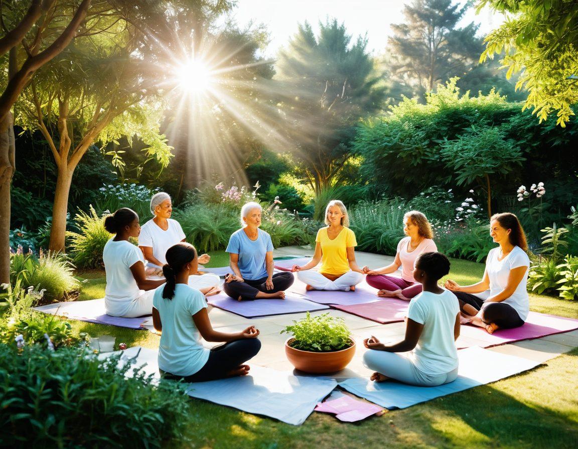 A serene scene depicting a diverse group of patients engaged in various wellness activities such as yoga, meditation, and group discussions in a tranquil garden setting. In the background, a bright sun shines down, symbolizing hope and recovery, while soft pastel colors fill the scene to evoke a sense of calm. Incorporate elements such as healing herbs, wellness books, and supportive friends to enhance the theme of empowerment. digital painting. vibrant colors. calming atmosphere.