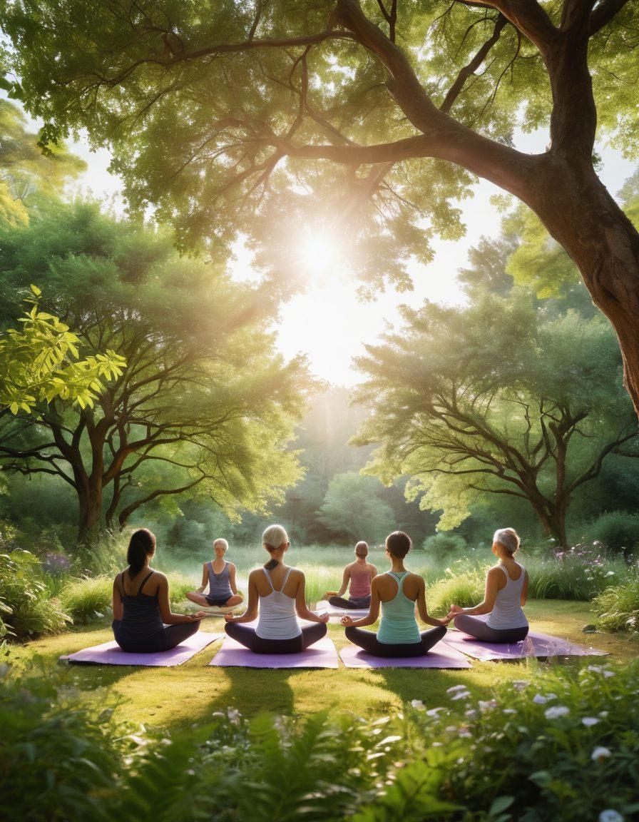 A serene landscape showcasing a diverse group of cancer survivors engaging in various holistic health activities, such as yoga, meditation, and community bonding. Lush greenery surrounds them, symbolizing hope and rejuvenation, with soft sunlight filtering through the trees. Include elements of natural remedies like herbs and flowers woven into the scene, emphasizing a holistic approach to health. The atmosphere should exude peace and resilience. super-realistic. vibrant colors. natural setting.