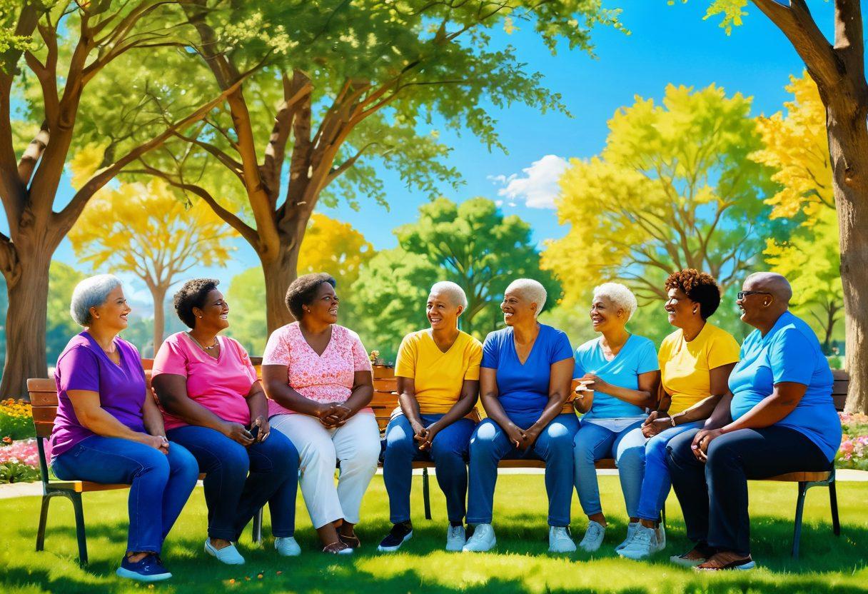 An uplifting scene depicting a diverse group of cancer survivors engaging in a support group, sharing stories and laughter in a sunlit park. Include elements like colorful banners of hope, heartwarming interactions, and symbols of strength like blooming flowers. Background features gentle trees and a bright blue sky, emphasizing community and connection. super-realistic. vibrant colors. warm atmosphere.